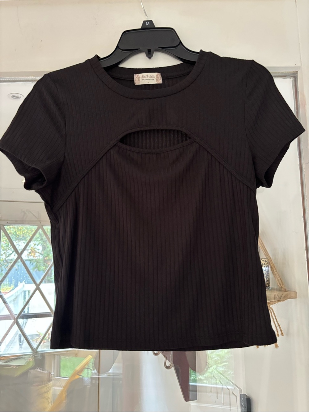 Altar'd State Black Ribbed Short Sleeve Crop Top with Front Cutout